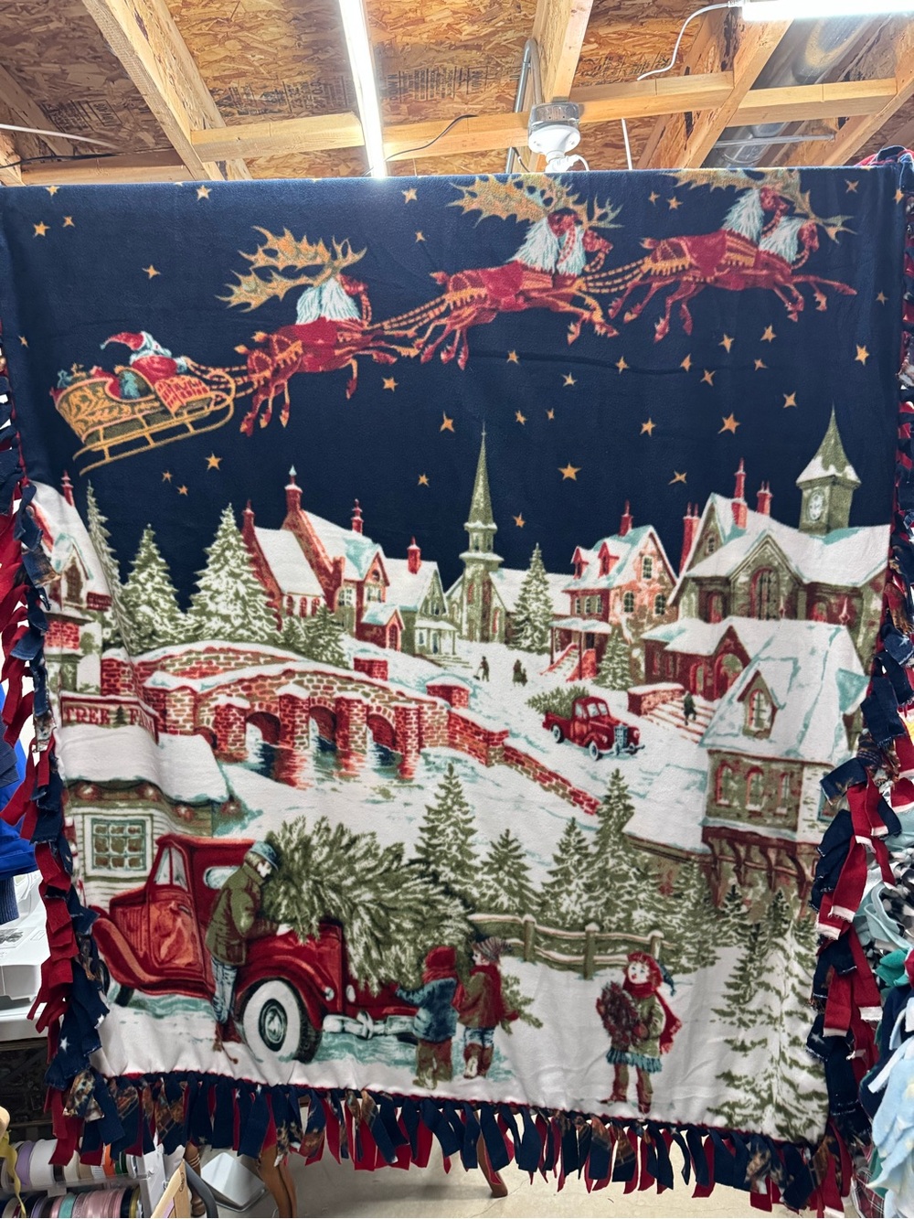 Festive Holiday Village Fleece Throw Blanket - Classic Red & Navy